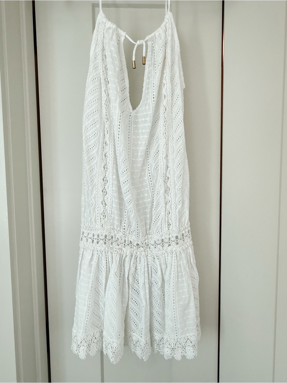Melissa Odabash White Eyelet Crochet Lace Drop Waist Beach Cover Up Dress